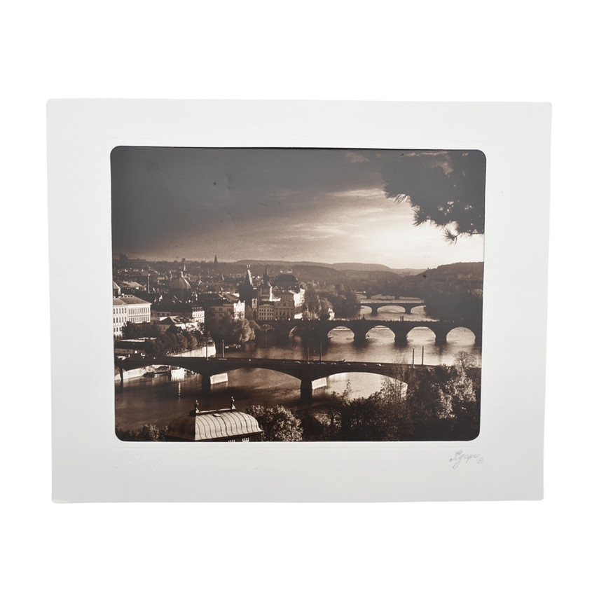 Vintage Prague Cityscape Print, Charles Bridge and Vltava River, Signed