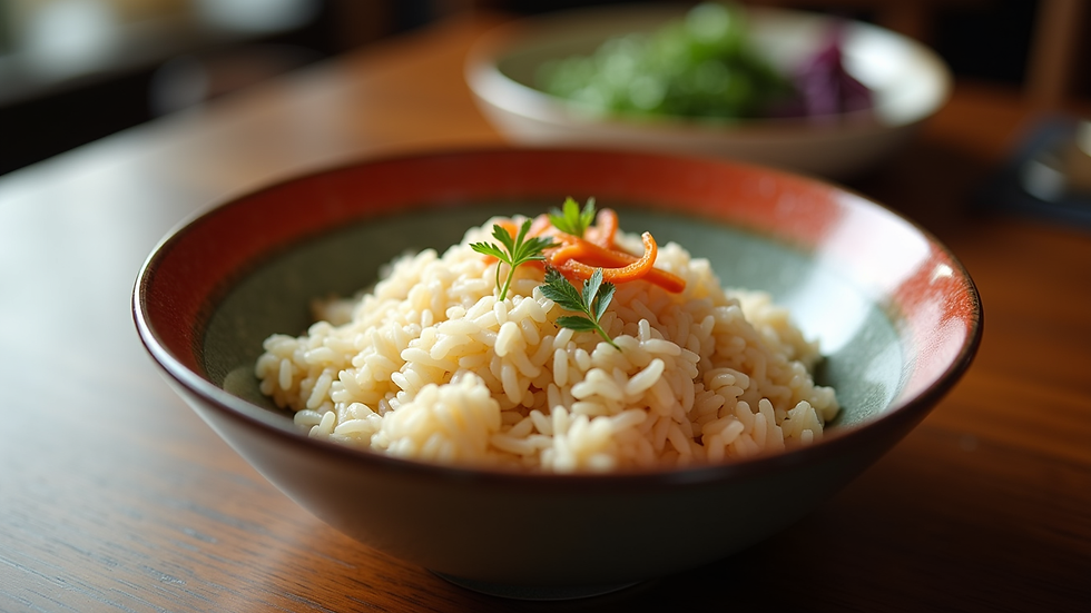 Eye-level view of a traditional rice dish served in a vibrant bowl