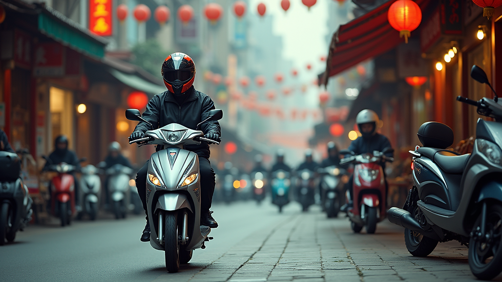 Eye-level view of a vibrant motorcycle market in Daqiaotou Yansan business district