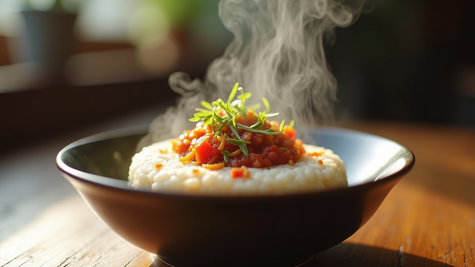 Eye-level view of a steaming bowl of rice cake topped with savory ingredients