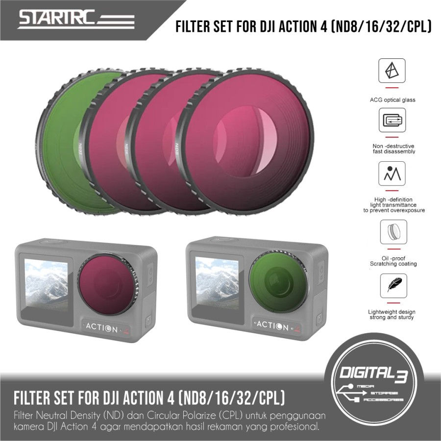 STARTRC DJI Action 4 Lens Filter Lensa ND Set 4 Pcs CPL ND8 ND16 ND32