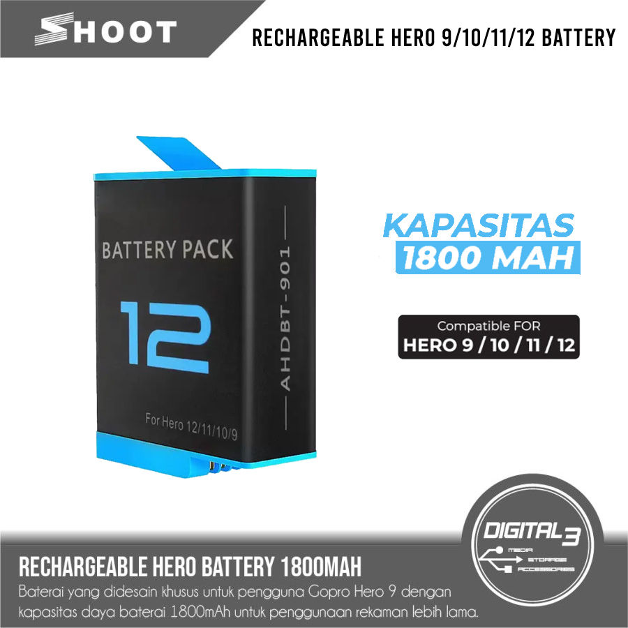 Shoot Rechargeable Battery For GoPro Hero 9/10/11/12 Black 1800mAh AHDBT-901