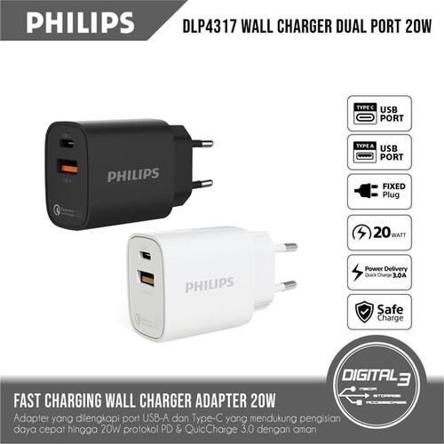 PHILIPS DLP4317 / DLP2120 Wall Charger Adapter 20W Dual Port USB A+C ...