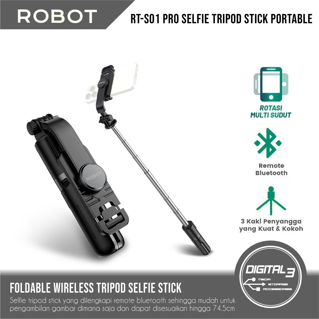 ROBOT RT-S01 Tripod Selfie Stick with Remote Bluetooth for Mobile Phone Foldable