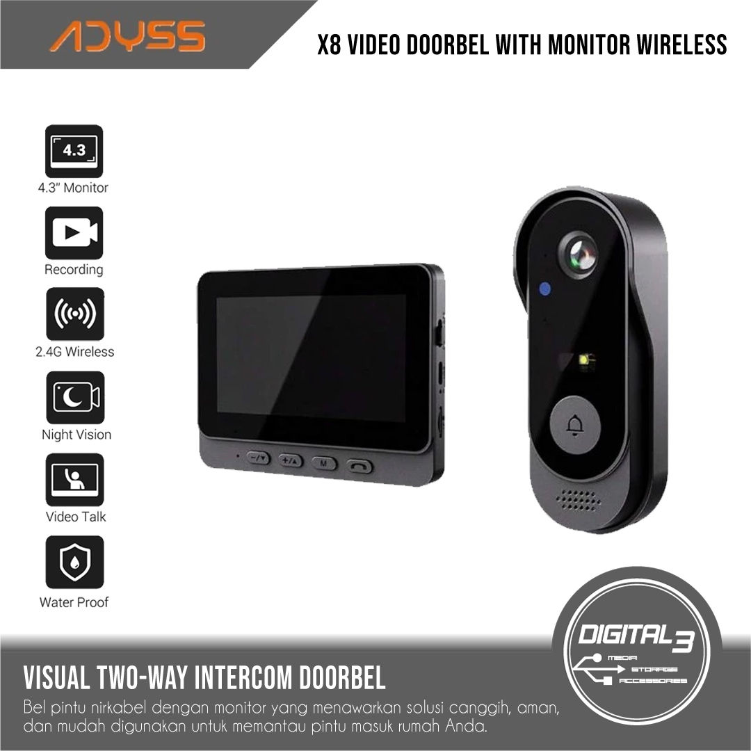ADYSS X8 Video Doorbel with Monitor Wireless Waterproof IP66 Non-Wifi