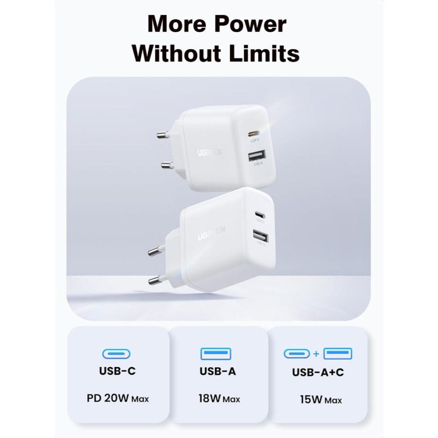 Thumbnail: UGREEN X227 Adapter Mini Wall Charger 20W Dual Port USB A + Type C Fast Charging