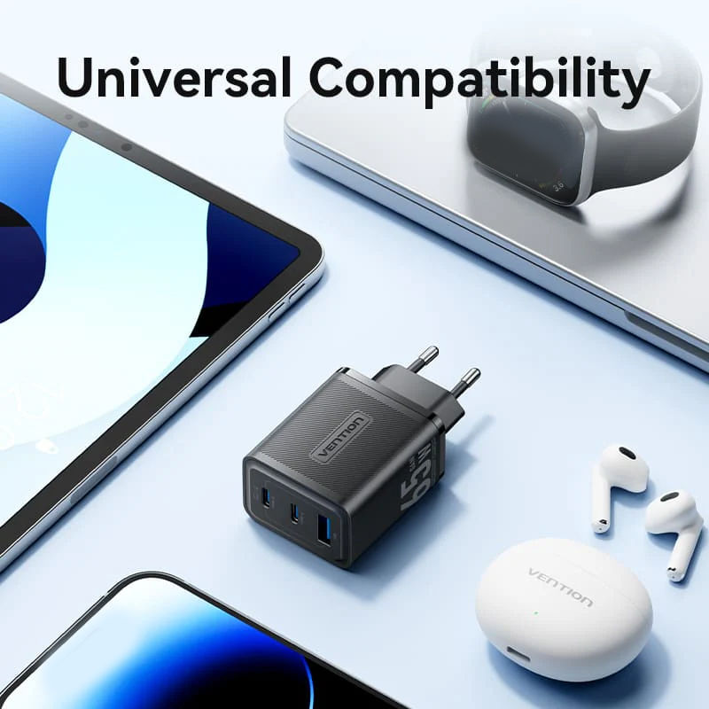 Thumbnail: VENTION Adapter Turbo Charger GaN 65W 3-Port USB (C+C+A) Fast Charging Universal