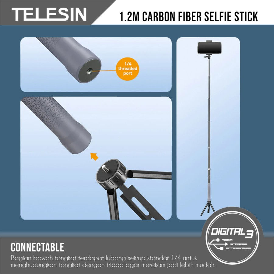 Thumbnail: Telesin Carbon Fiber Selfie Stick 1.2M Monopod Camera Insta360 Gopro