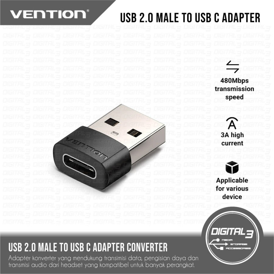 VENTION Converter Adapter USB 2.0 Male to USB C Female Transmisi Data Charging