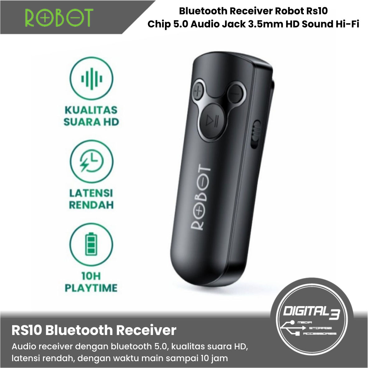 Robot RS10 Bluetooth 5.0 Receiver Audio Jack Aux 3.5MM HD Hi-Fi Stereo