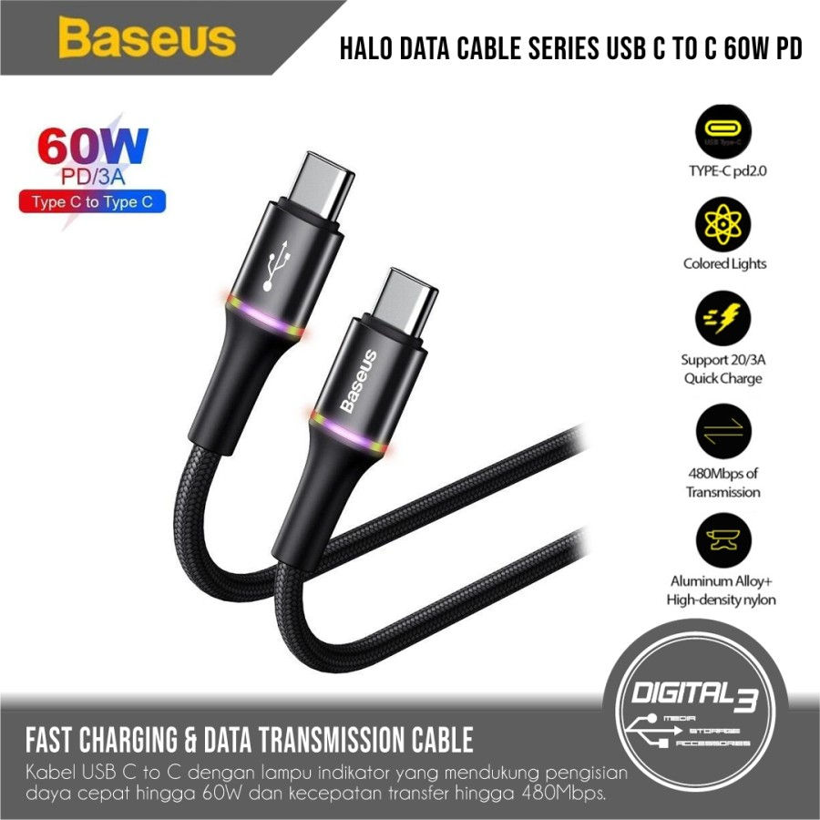 Baseus Halo Data Cable Series USB C to C Kabel 60W 3A PD Fast Charging LED