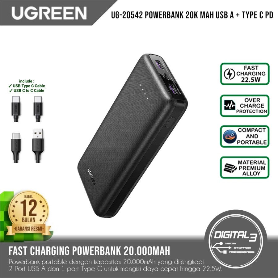 Powerbank 20000mAh UGREEN 20542 PD Fast Charging 20W QC USB-A Type-C