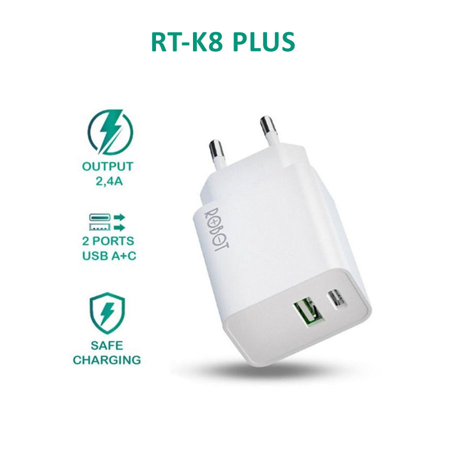 Thumbnail: ROBOT RT-K8 2A /RT-K8S / RT-K8 Plus S USB-A Type-C Fast Charging