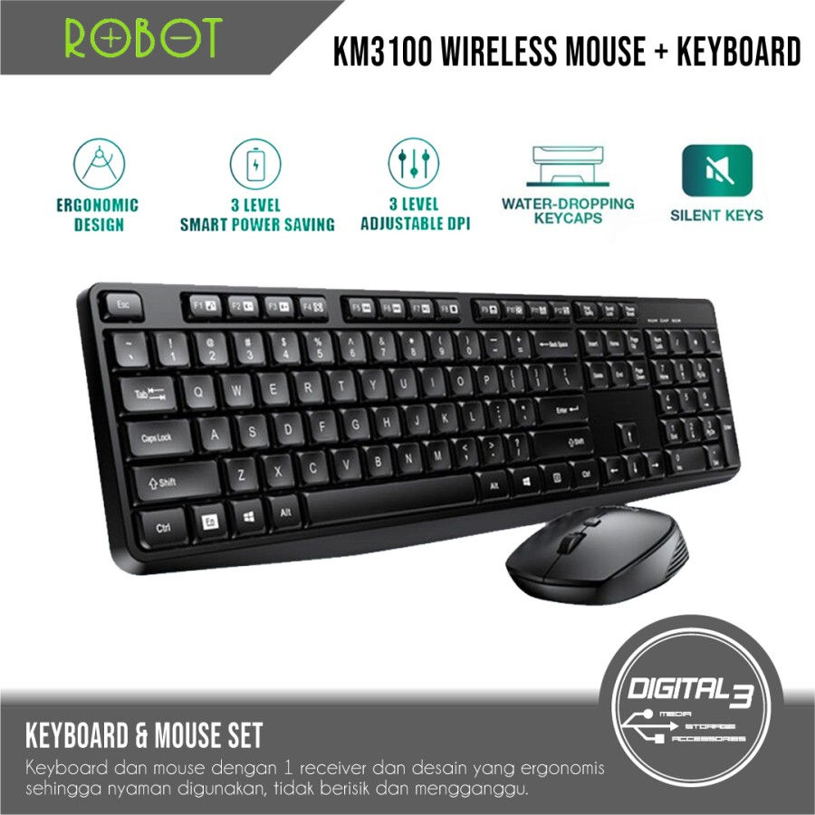 ROBOT Mouse Keyboard Combo SET KM3100 Wireless 1600DPI Silent Keys Optical 1 ora