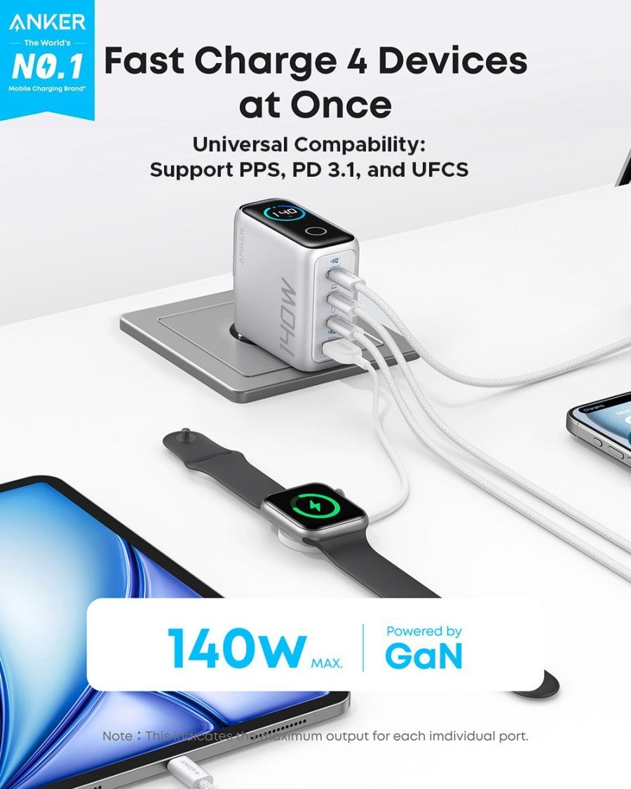 Thumbnail: ANKER ZOLO Charger 140W Adapter GAN 4 Ports with Cable Smart Digital Display