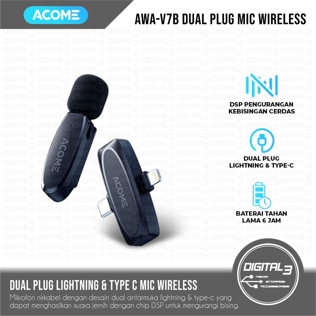 ACOME AWA-V7B Wireless Clip On Mic Dual Plug Lightning & Type C Lavalier