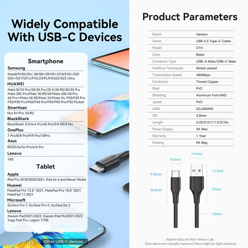 Thumbnail: VENTION Cable Data Charger USB 2.0 to Type C 3A Fast Charging