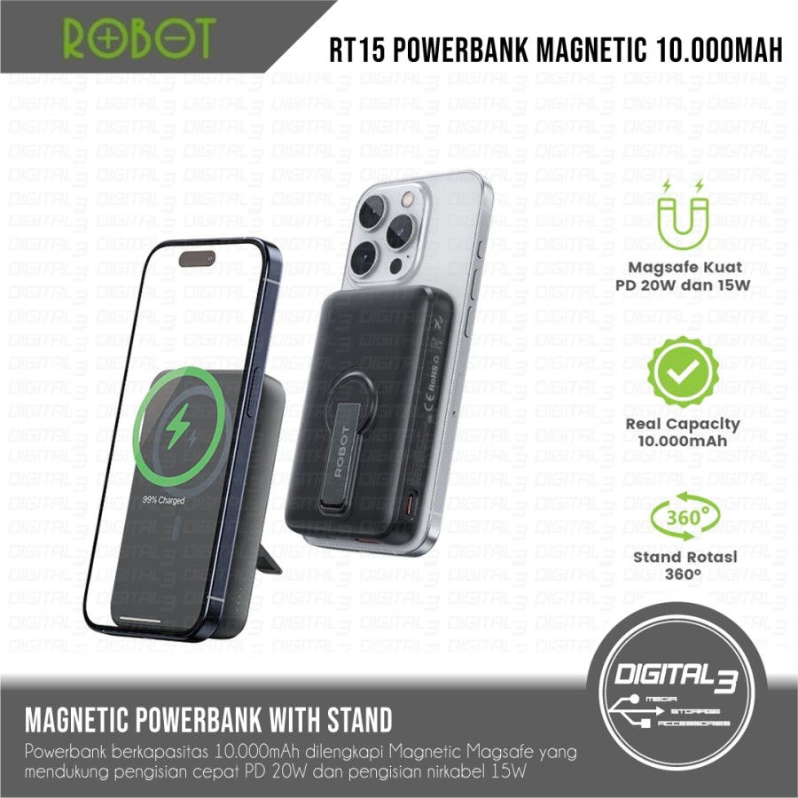 ROBOT RT15 Powerbank Magnetic Wireless 10000mAh with Stand Fast Charging