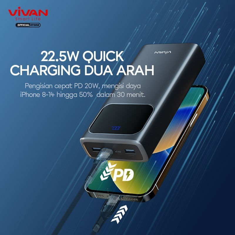 Thumbnail: Vivan 20000mAh PowerBank Dual USB A QC PD 22.5W + Type C VPB-C20 LED