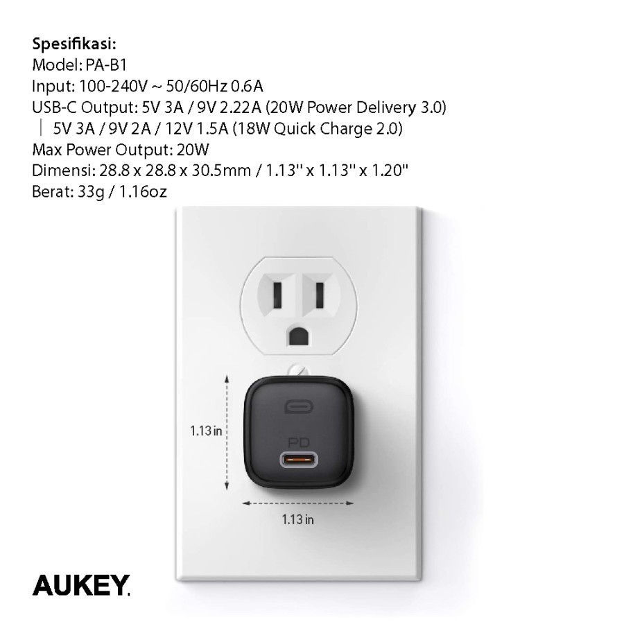 Thumbnail: Aukey PA-B1T Omnia II Mini 20W Charger Adapter GAN PD Fast Charging