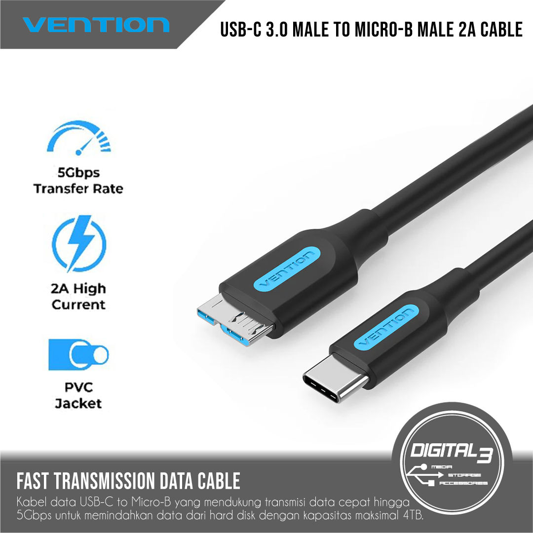 VENTION USB-C 3.0 Male to Micro-B Male 2A Cable Data Hard Drive External 5Gbps
