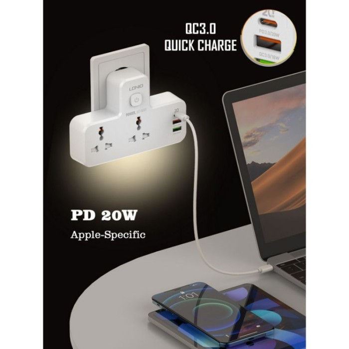 Thumbnail: LDNIO SC2311 Stop Kontak 2 Socket Power Strip 3 USB Charger Night Lamp
