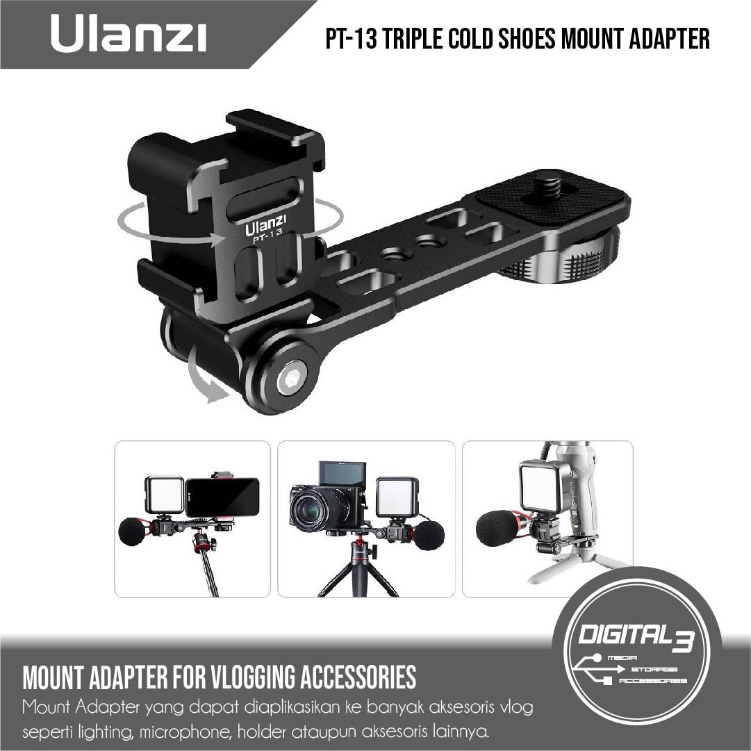Ulanzi PT-13 Triple Cold Shoe Mount Plate Bracket Adapter LED MIC