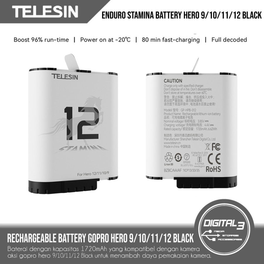 Telesin Enduro Stamina Battery Gopro Hero 9 10 11 12 Black