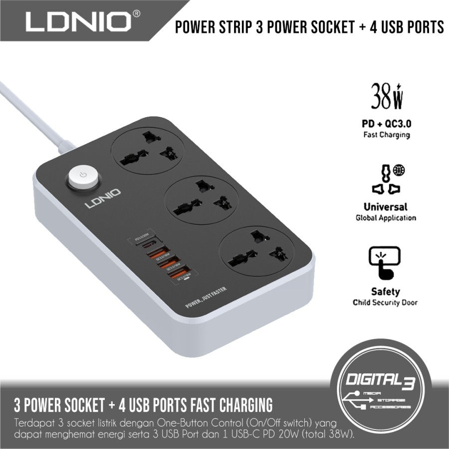 LDNIO SC3412 Stop Kontak 3 Socket Power Strip 4 port USB Charger PD