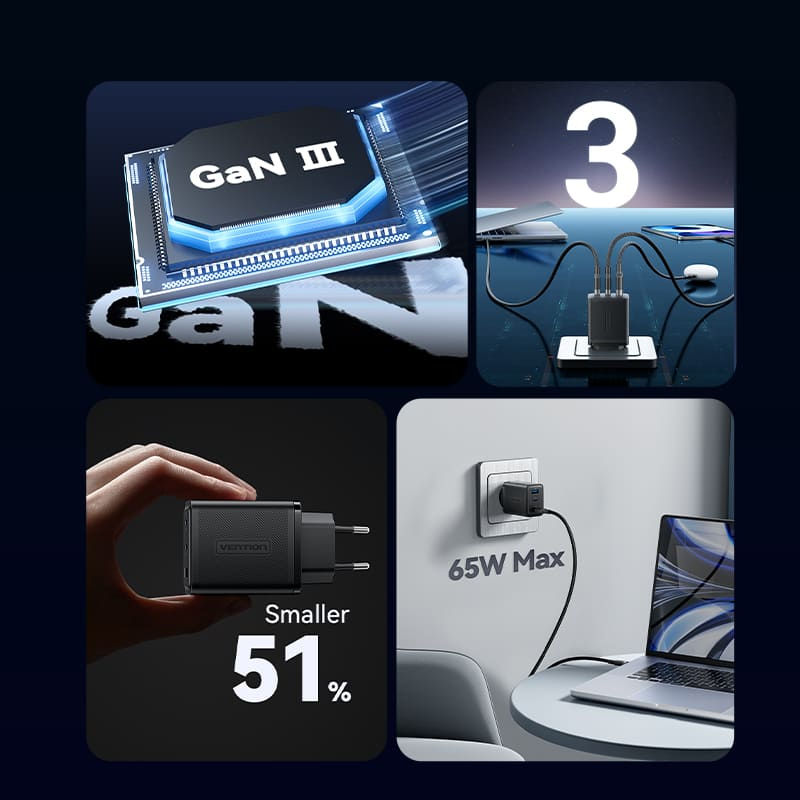 Thumbnail: VENTION Adapter Turbo Charger GaN 65W 3-Port USB (C+C+A) Fast Charging Universal