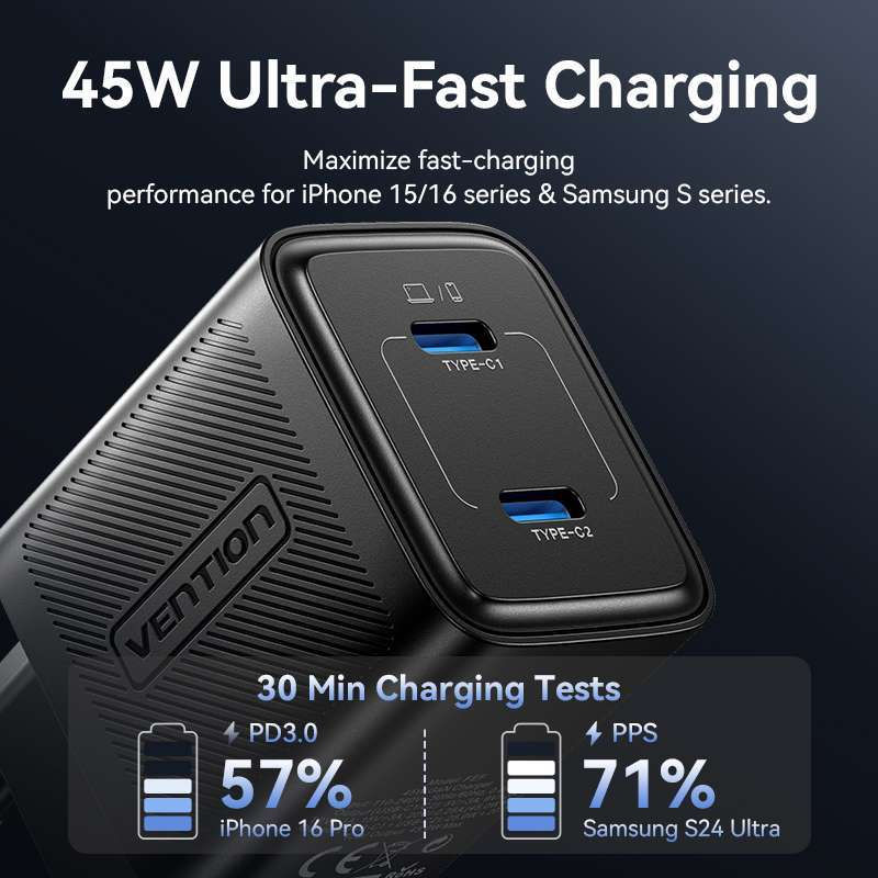 Thumbnail: VENTION Wall Charger Adapter GaN 45W Dual Port USB-C Fast Smart Charging