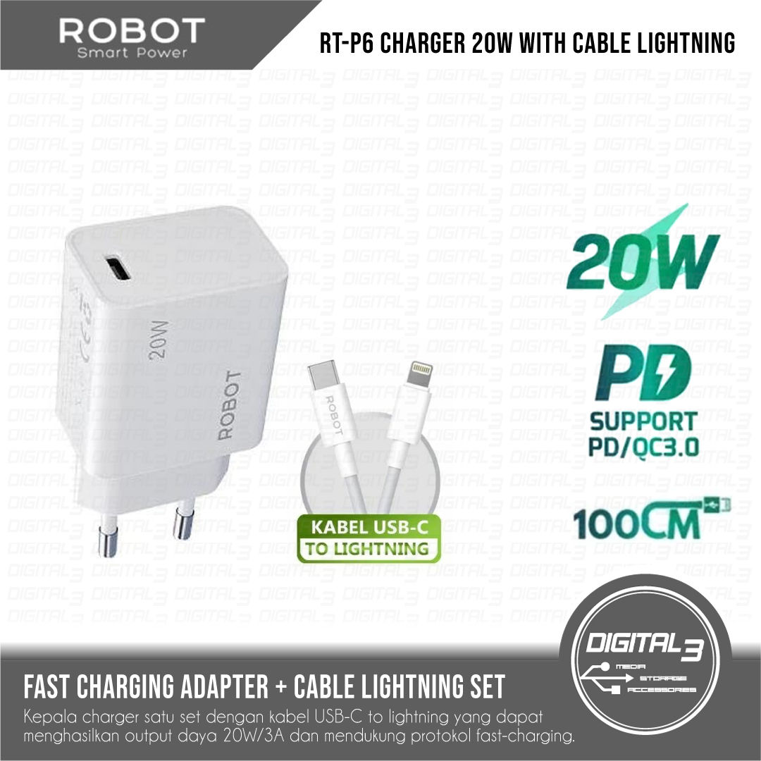 ROBOT RT-P6 Charger Adapter Suit 20W with Cable USB-C to Lightning