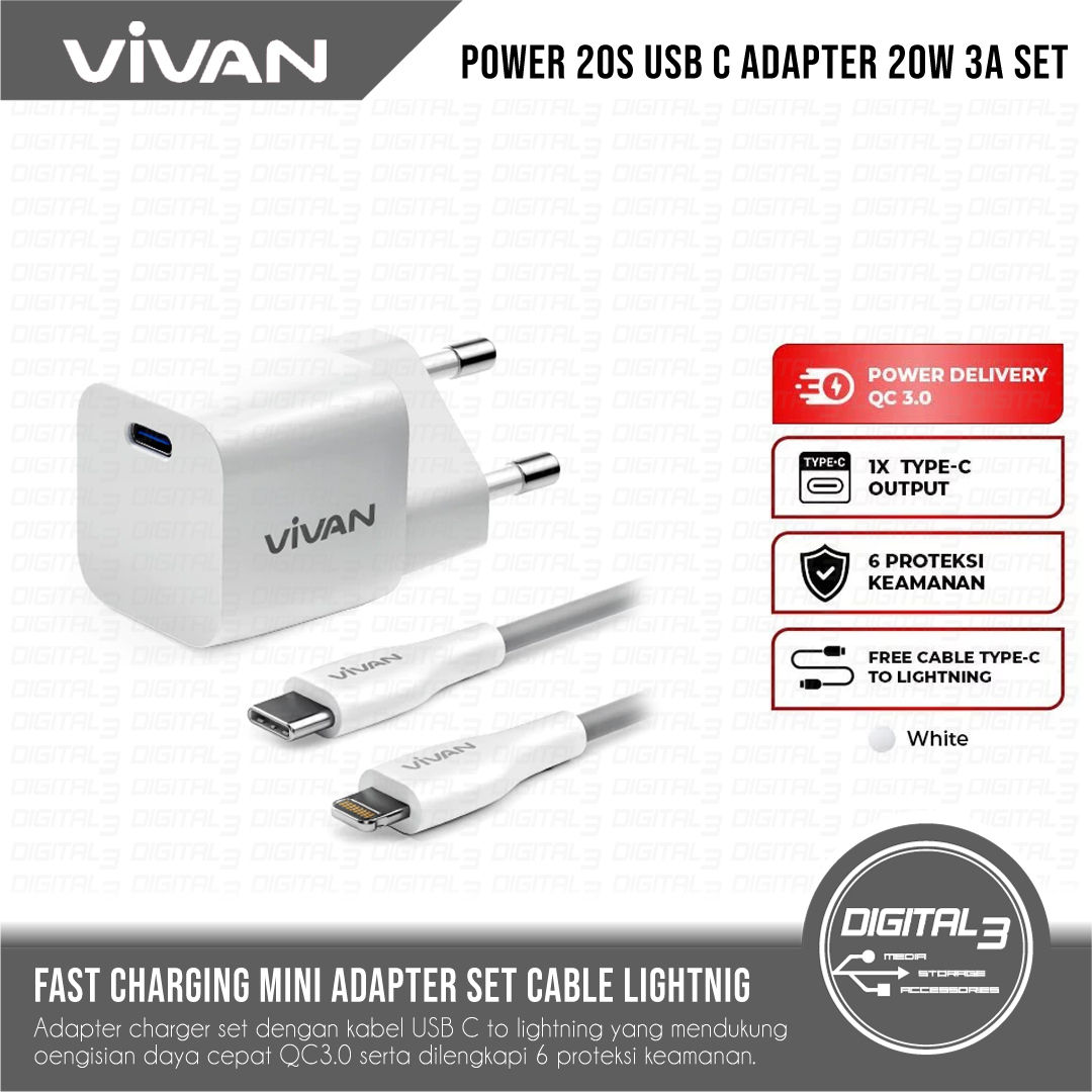 VIVAN POWER 20S Mini Charger Adapter Set Cable Lightning for iPhone 20W 3A QC3.0