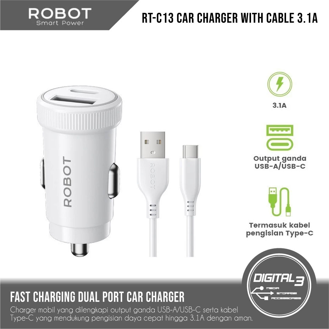ROBOT RT-C13 Car Charger with Cable Type-C Dual Port USB-A / USB-C 3.1A