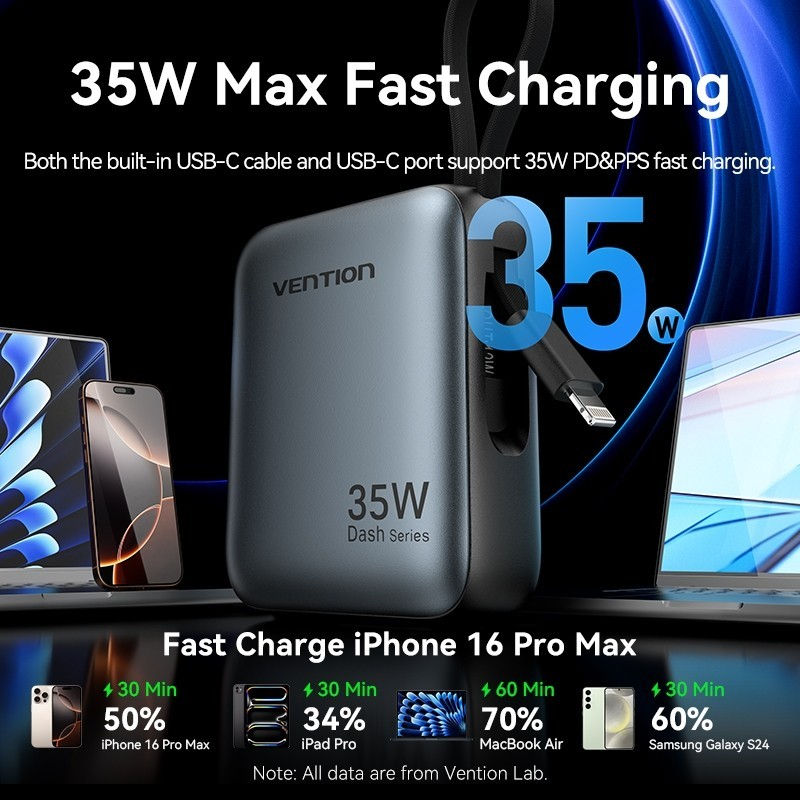 Thumbnail: VENTION Powerbank Mini 10000mAh with Built-in Cable USB C & Lightning 35W