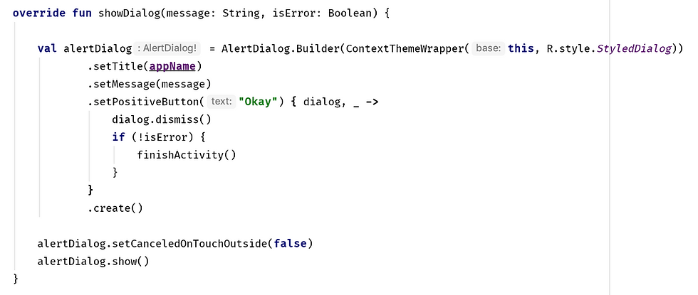 Kotlin code to display an alert dialog