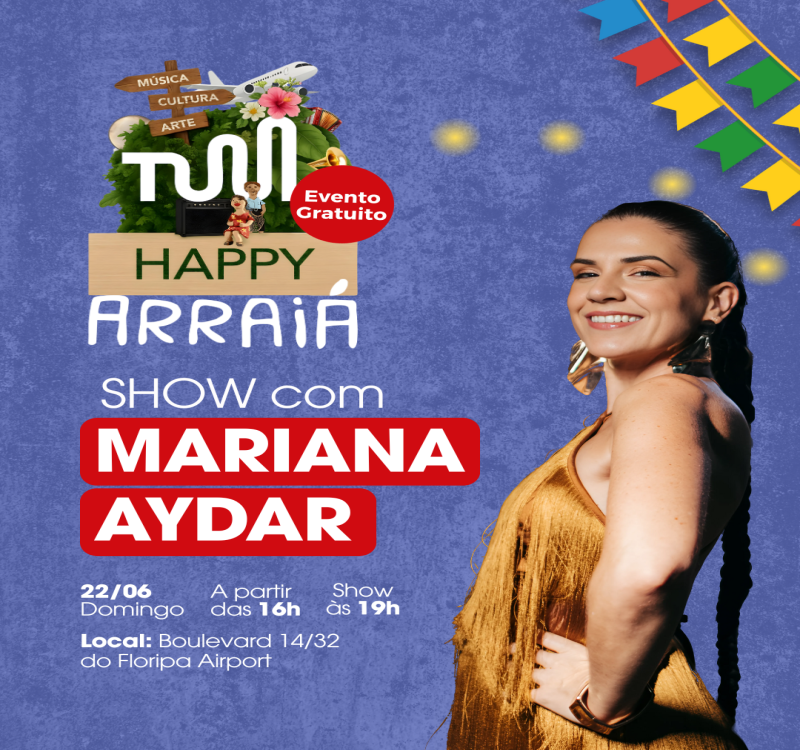 TUM Happy Arraiá chega em sua quinta edição no domingo, 22 de junho, no Boulevard 14/32 do Floripa Airport e traz música, gastronomia típica, dança, cultura popular e atividades para toda a família e com entrada totalmente gratuita. Com o clima de festa junina no ar, o evento apresenta uma programação diversa para todas as idades, com destaque para o show nacional da cantora Mariana Aydar, um dos grandes nomes da nova geração da música brasileira.