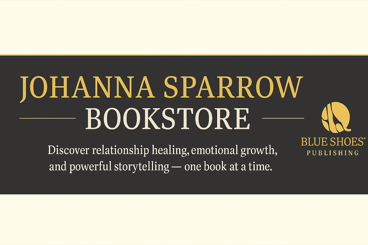 “Johanna Sparrow Bookstore banner with gold text and Blue Shoes Publishing logo.”
