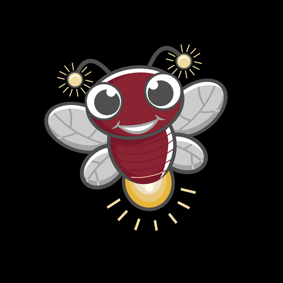 Cartoon firefly smiling with glowing lights and wings on a black background.