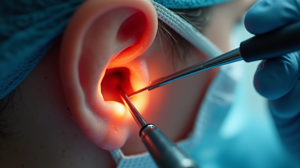 Close-up view of ear canal with medical instruments