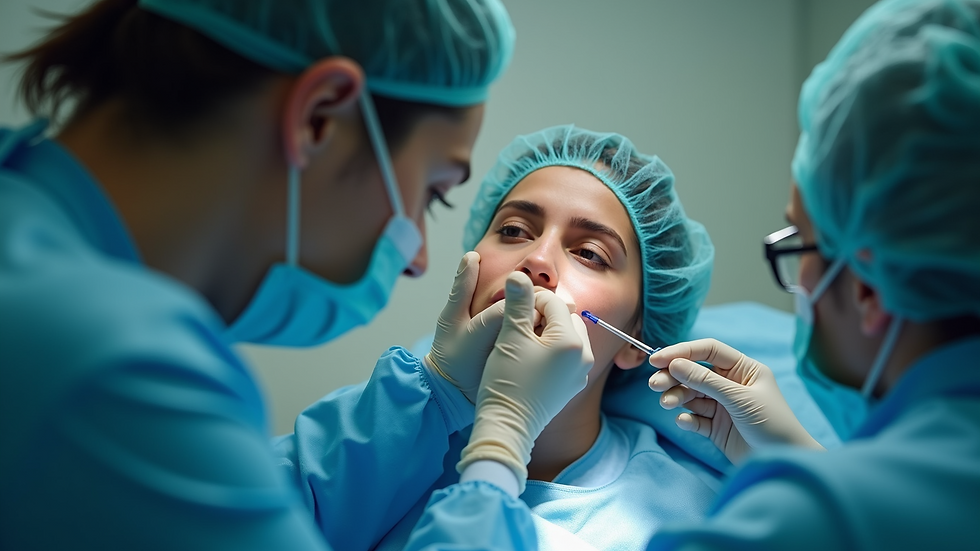 Eye-level view of a medical professional performing ear irrigation