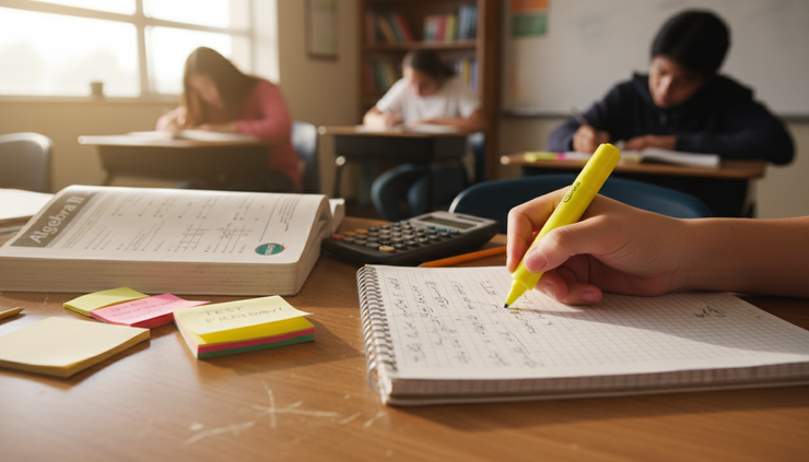 Close-up view of a student highlighting notes beside a math workbook