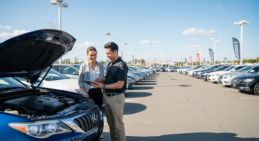 圖片是在中古車拍賣的場景，女子正在與男子討論這台中古車大約價值在哪