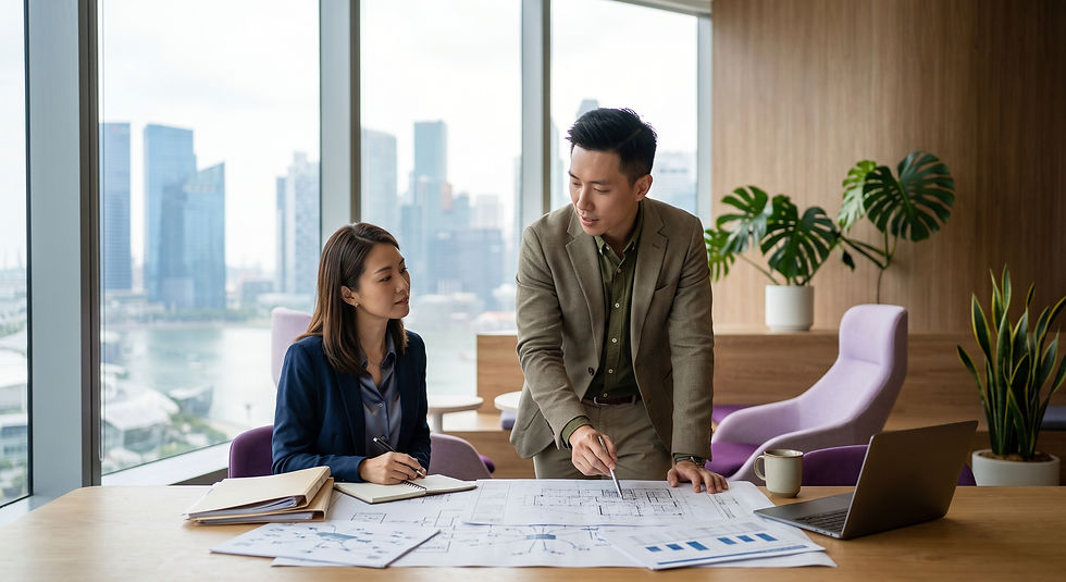 Two business colleagues review floor plans at a conference table in a bright office with city views, laptops, plants, and a focused mood