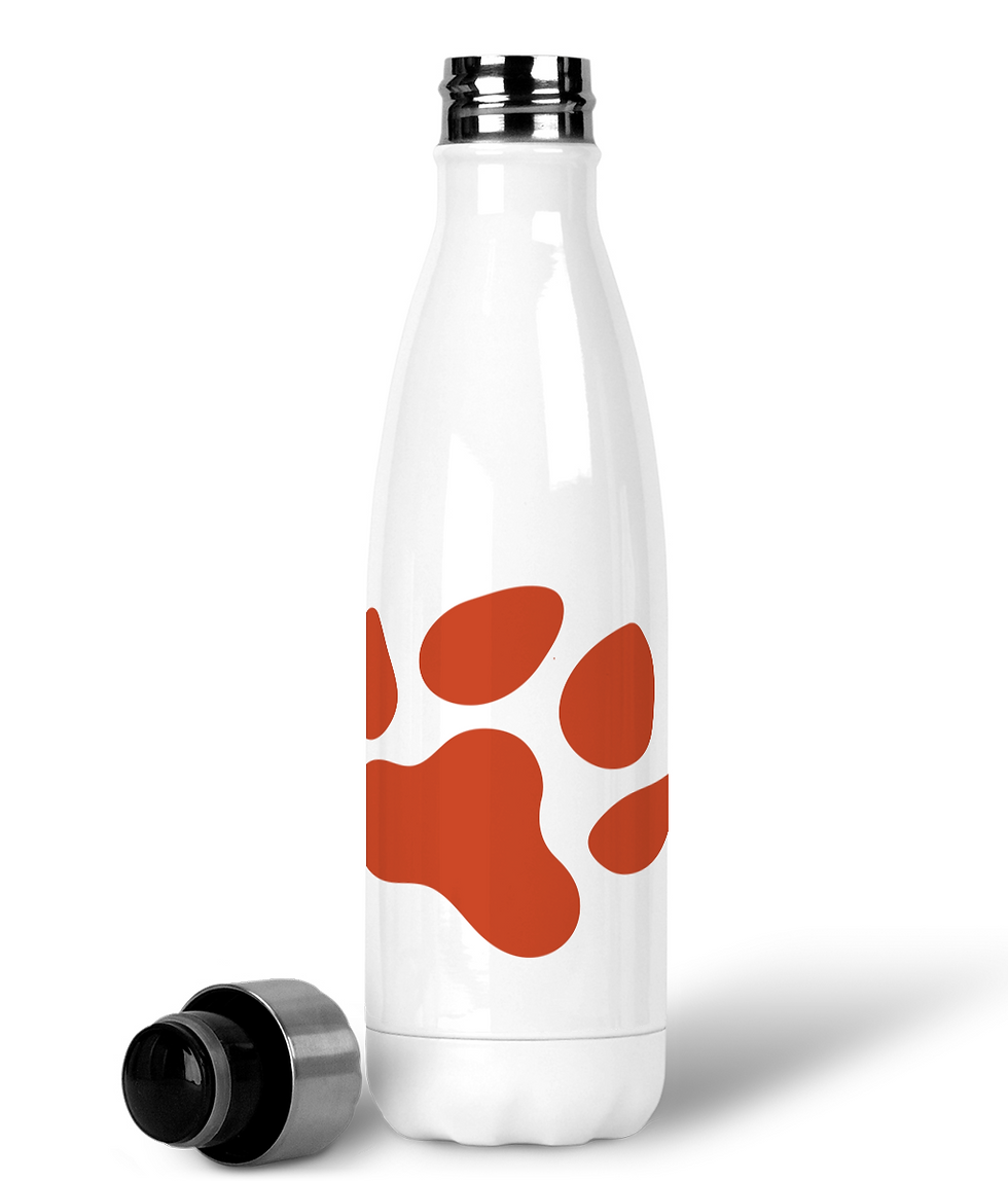 Side view of orange single large paw print design on white water bottle.
