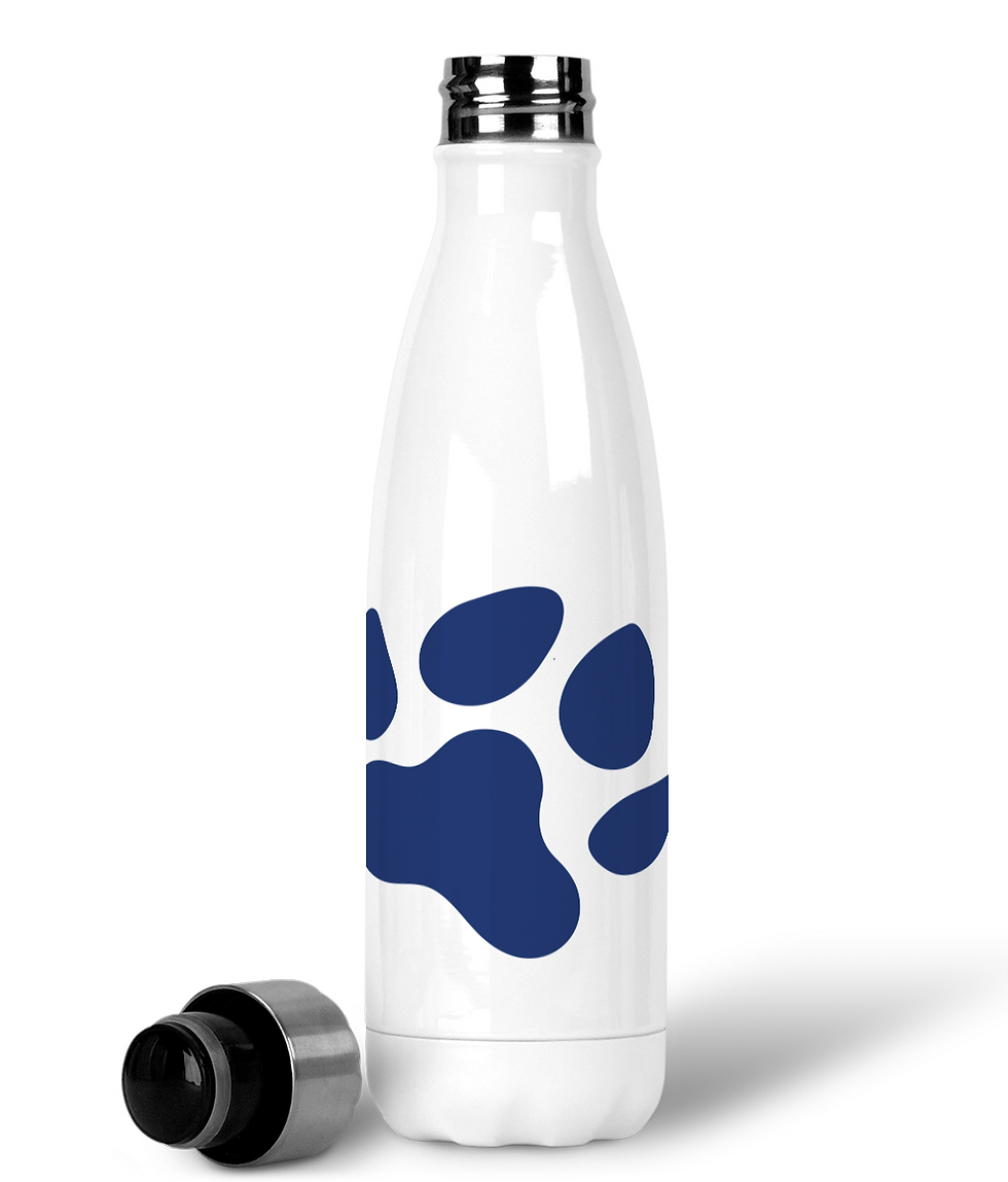 Side view of navy single large paw print design on white water bottle.