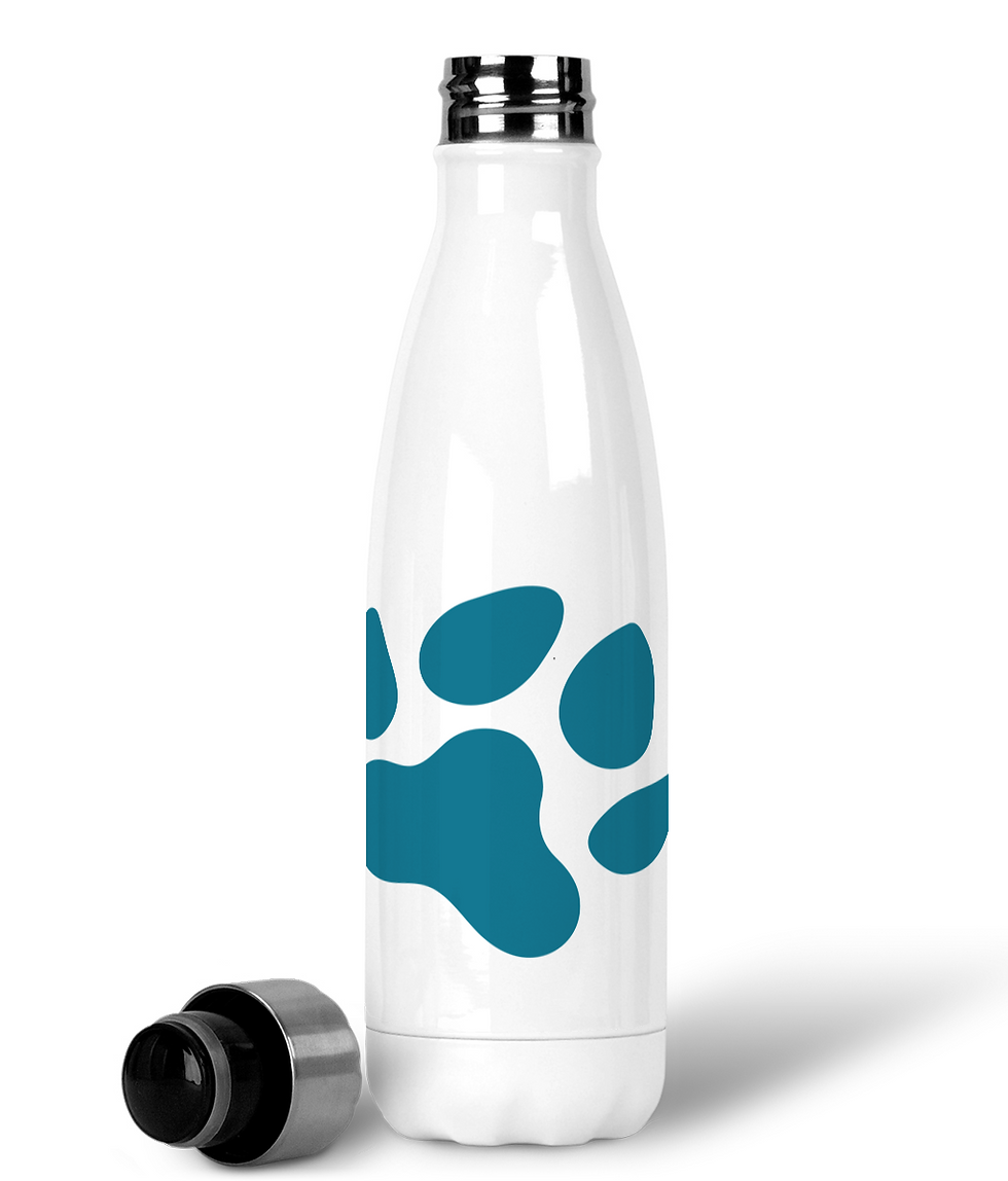 Side view of aqua single large paw print design on white water bottle.