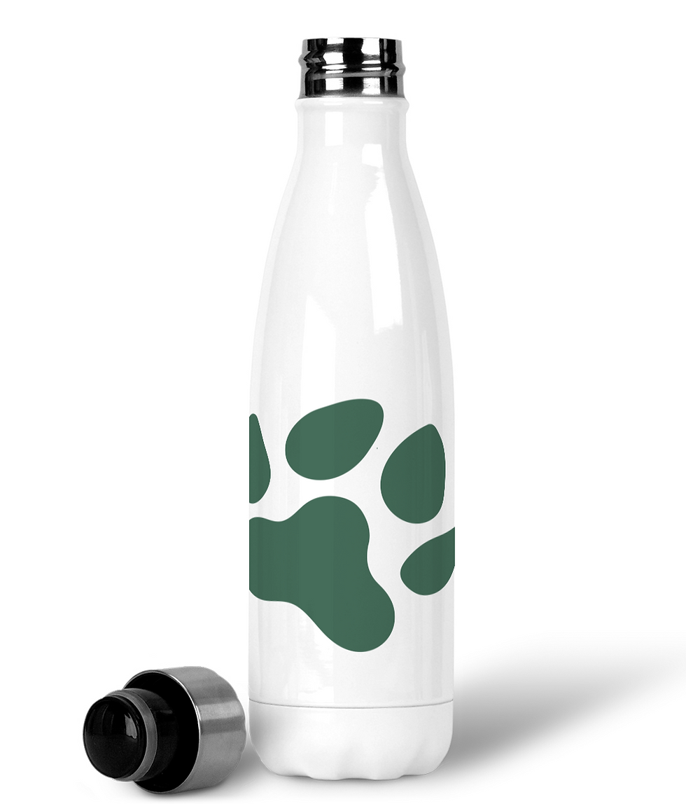 Side view of green single large paw print design on white water bottle.