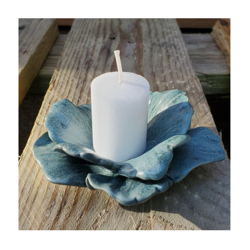 Handmade Ceramic Candle Holder in Satin Blue-Green
