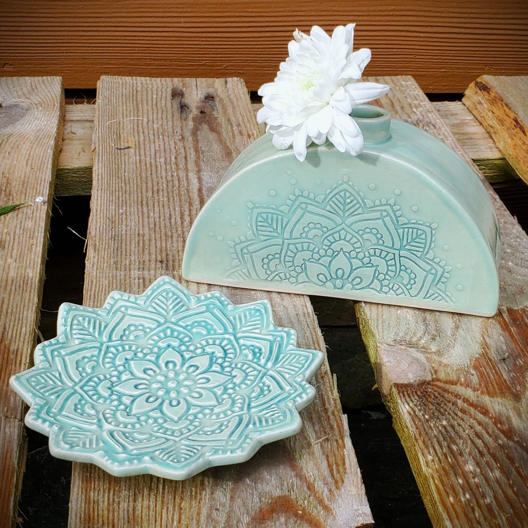 Handmade Succulent Green Mandala Bud Vase & Ring Dish Set